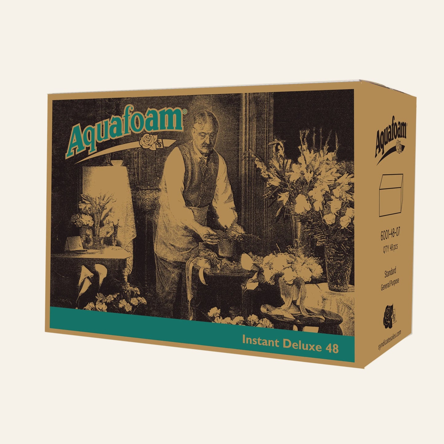 Aquafoam product packaging with a vintage-style illustration of a man working with flowers.