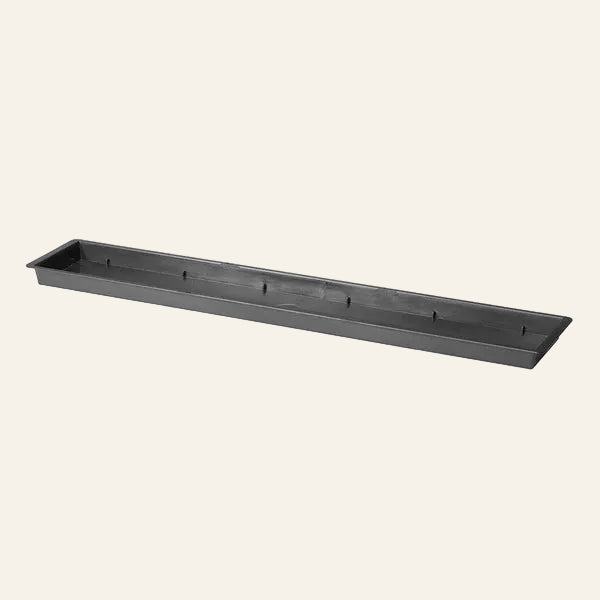Long rectangular black plastic tray on a white background