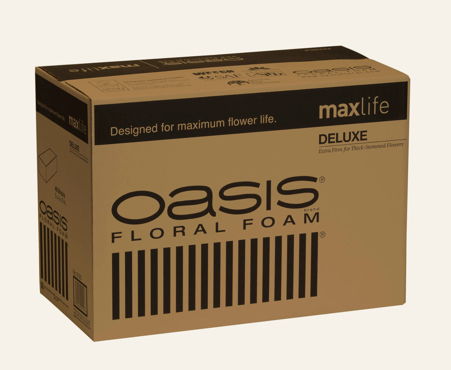 Box of Oasis Floral Foam with 'maxlife' branding on a white background