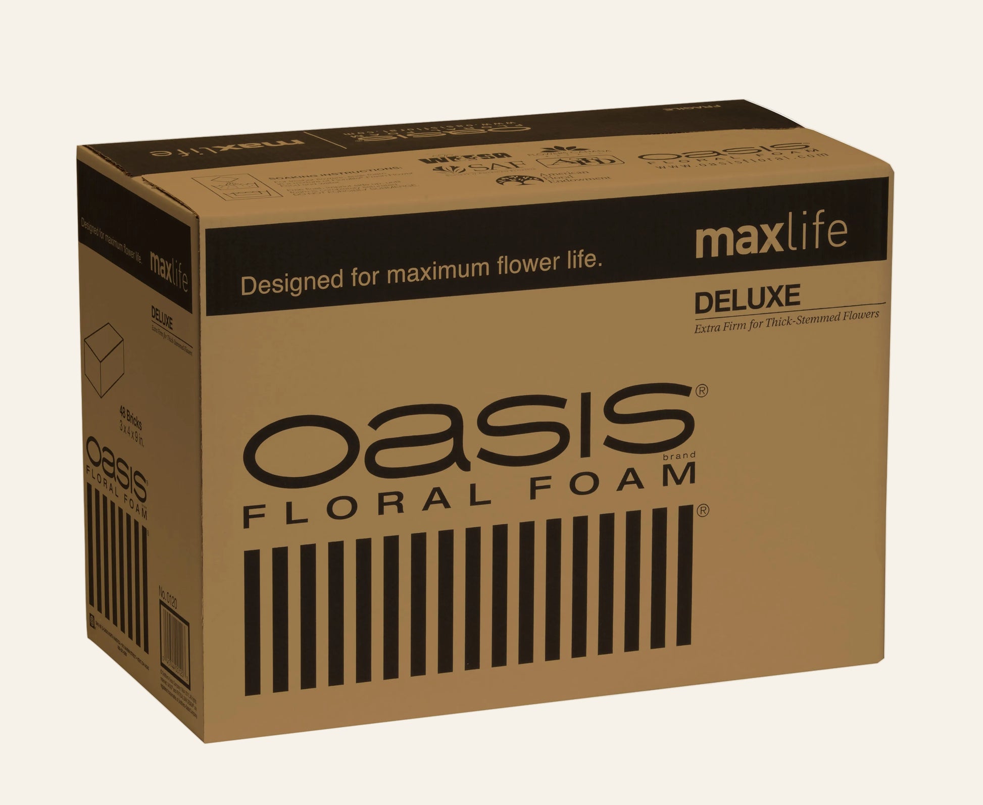Box of Oasis Floral Foam with 'maxlife' branding on a white background