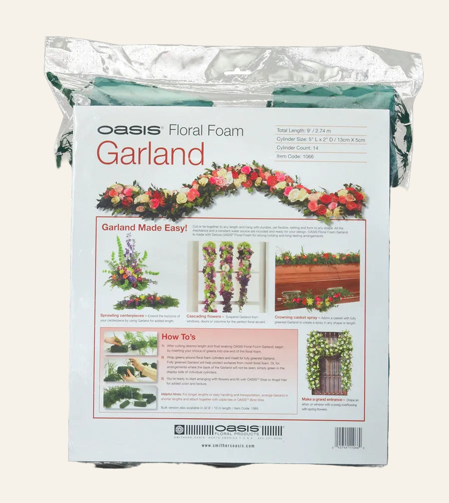 Oasis floral foam Garland packaging with images of garlands on a white background