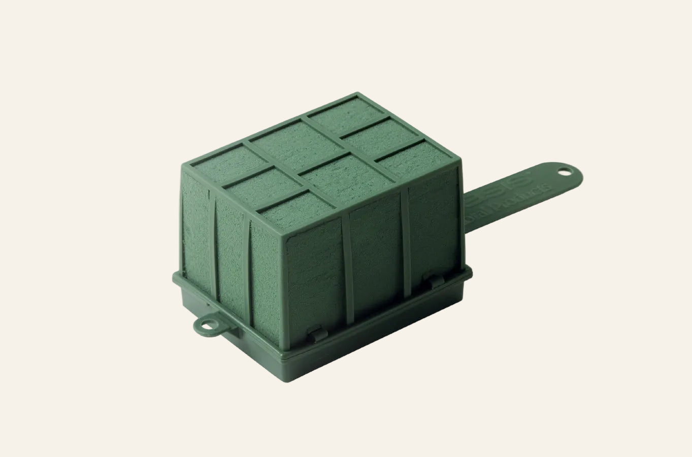 Green plastic container for aqua foam with a handle on a white background