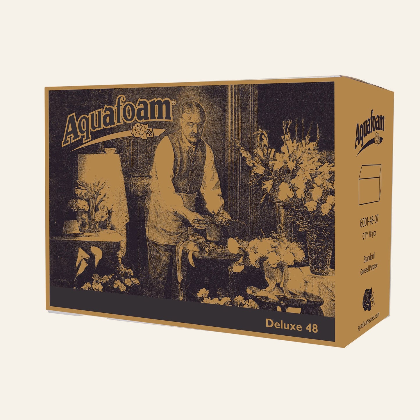 Aquafoam product packaging with a vintage-style illustration of a man working with flowers.