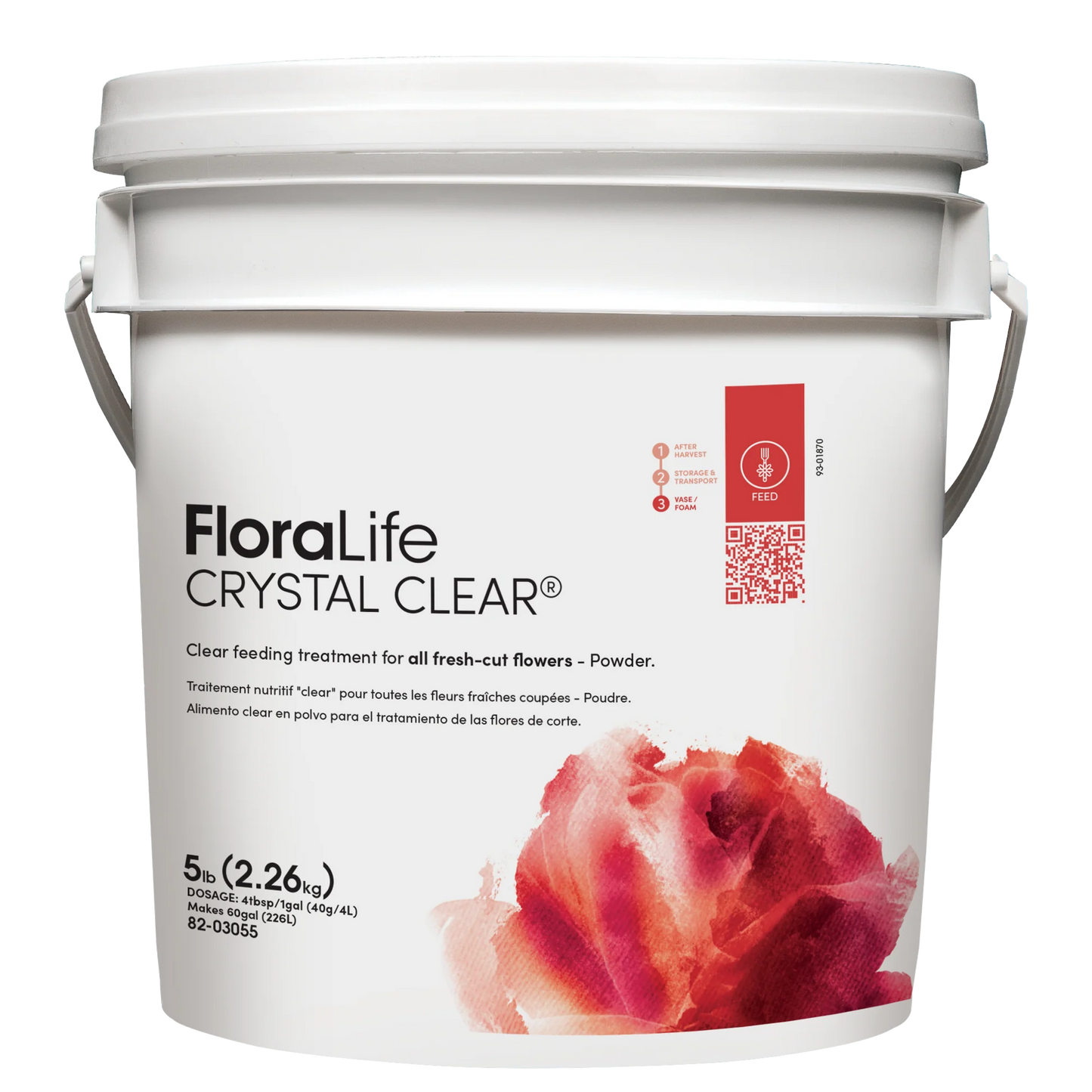 Floralife Crystal Clear powder container with a red rose on a white background