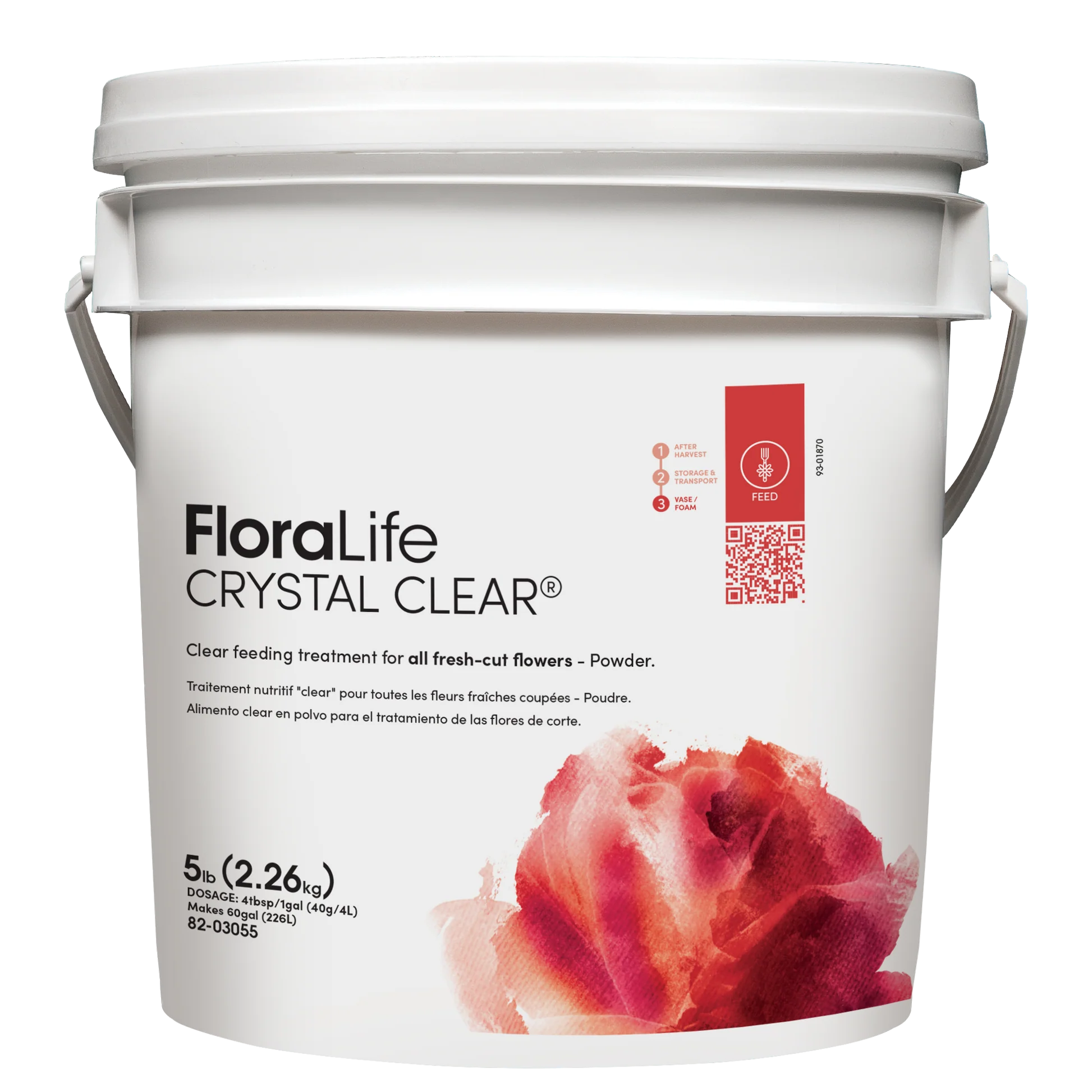 Floralife Crystal Clear powder container with a red rose on a white background