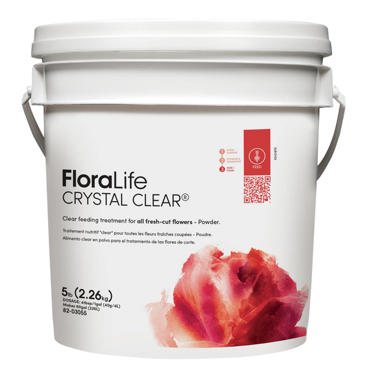 Floralife Crystal Clear powder container with a red rose on a white background