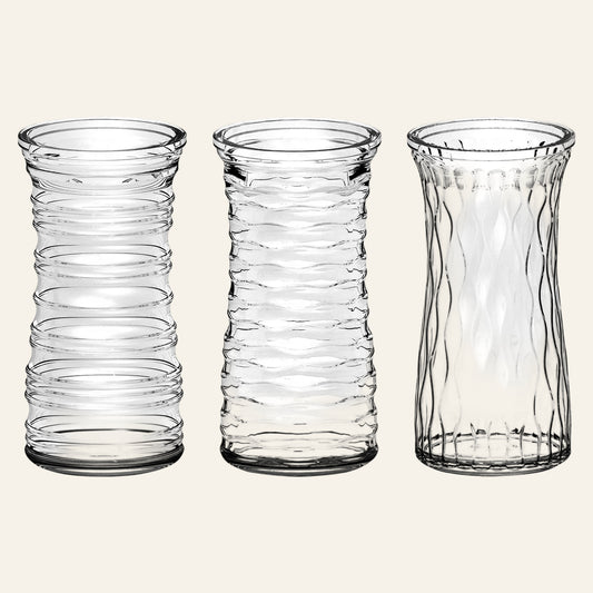Three clear glass vases with textured designs on a white background