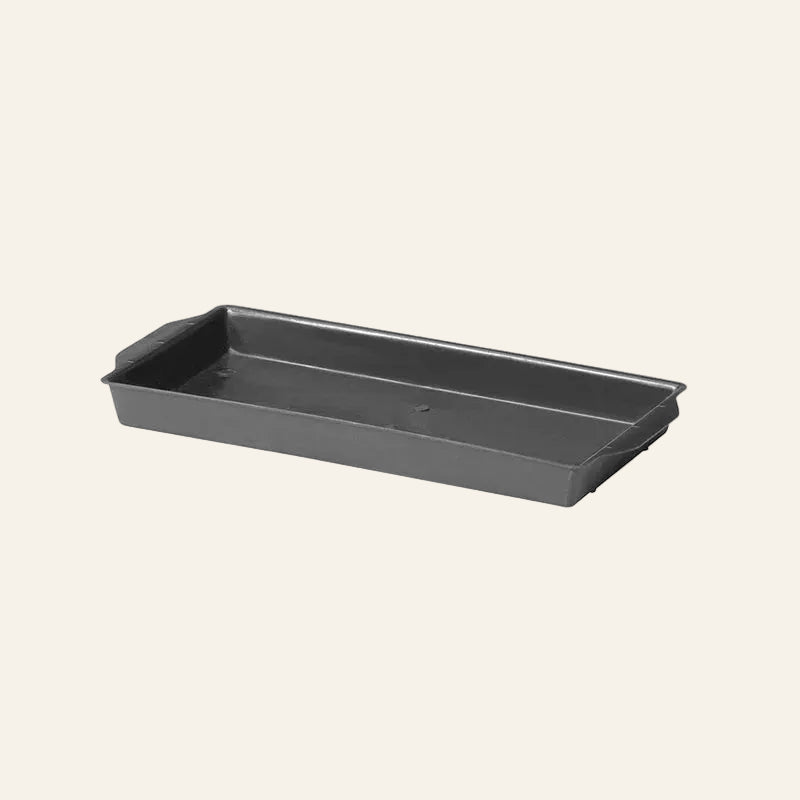 Rectangular black plastic tray on a white background